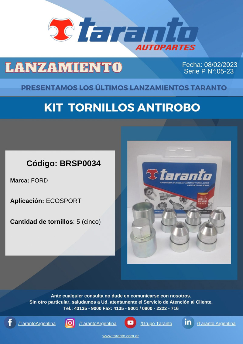Taranto: Kit de Tornillos Antirrobo