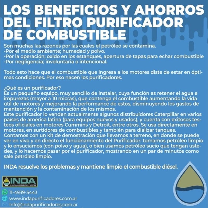 Inda Purificadores SRL: Soluciones para mantener limpios al combustible diesel y los aceites