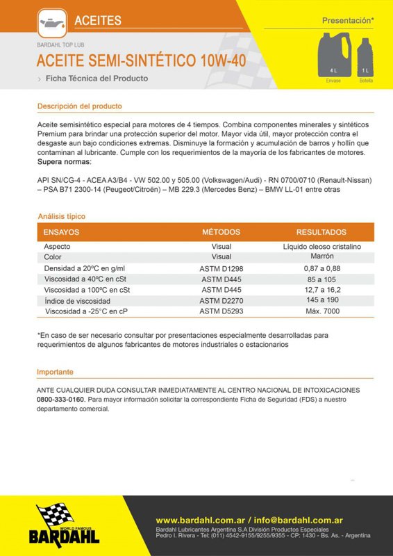 Aceite Semi-Sintético Top lub 10W-40 de BARDAHL