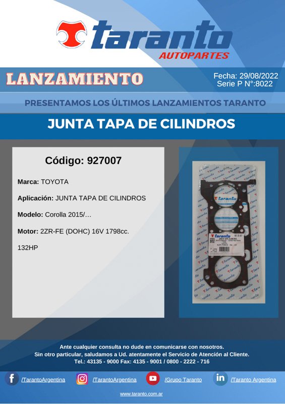Taranto lanzamiento códigos: 927007 y 990608