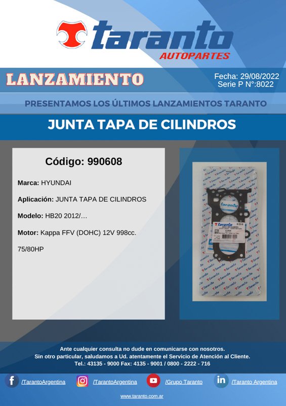 Taranto lanzamiento códigos: 927007 y 990608