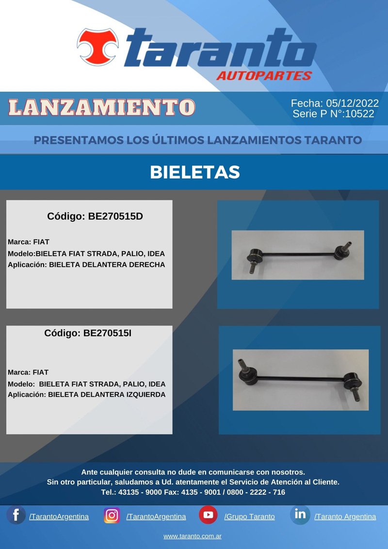 Taranto nuevos lanzamientos de Bieletas y Extremos