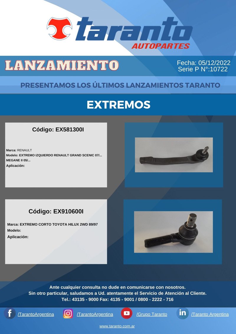 Taranto nuevos lanzamientos de Bieletas y Extremos