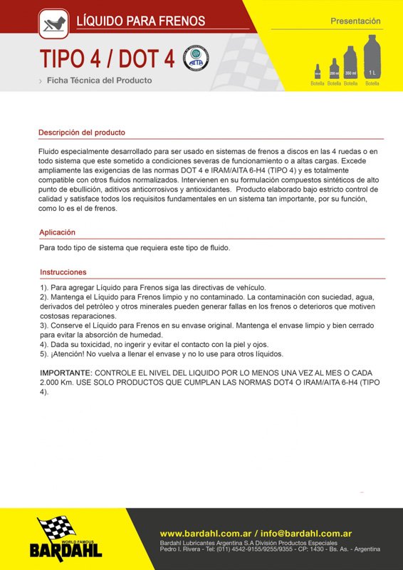 Líquido Para Frenos Tipo 4 Dot 4 de Bardahl