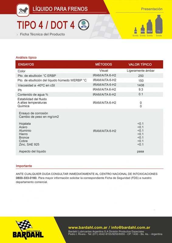 Líquido Para Frenos Tipo 4 Dot 4 de Bardahl