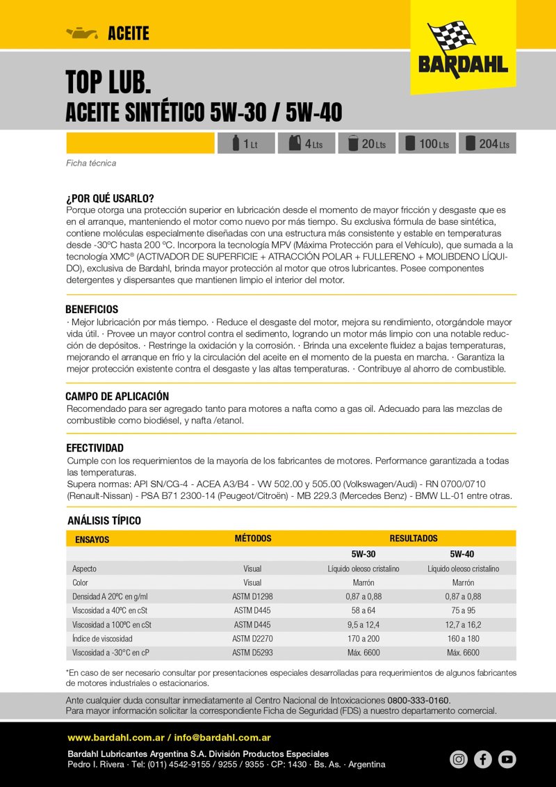 Bardahl: Aceite 5w40 Sintético 4 x 4 L